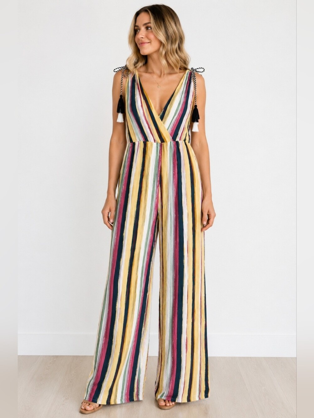 MOD On Trend Striped Wide Leg Jumpsuit Tassel Tie Sleeveless Small